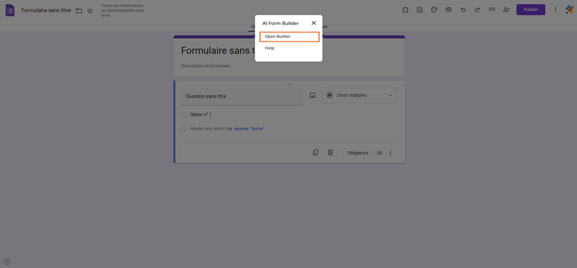 Capture d'écran du module complémentaire AI Form Builder avec l'option Ouvrir le générateur (Open Builder) encadré en rouge