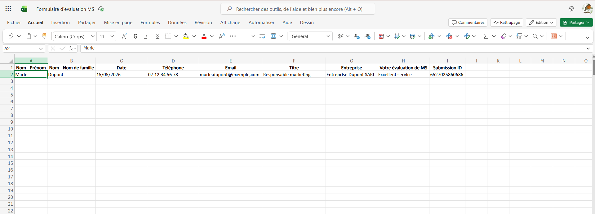 Capture d'écran d'un tableau Excel qui affiche l'action Ajouter une ligne au nouveau classeur sur Microsoft Excel