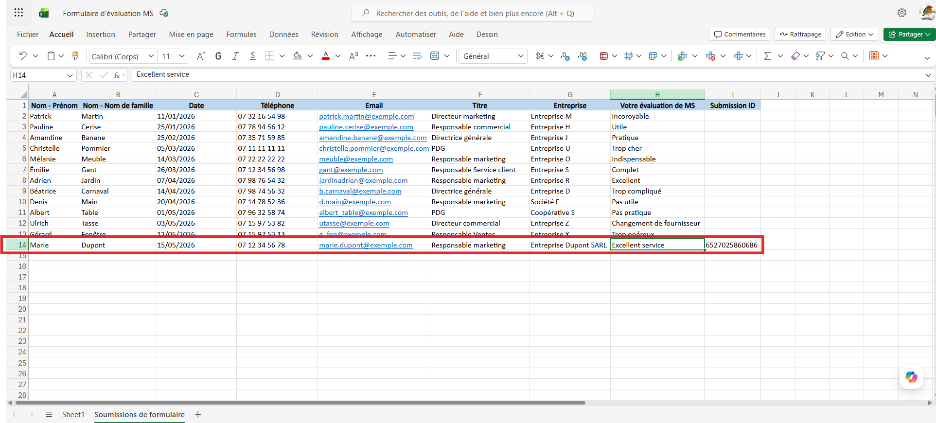 Capture d'écran d'un tableau Excel qui affiche l'action Ajouter une ligne au classeur existant sur Microsoft Excel avec un encadré autour de la dernière ligne