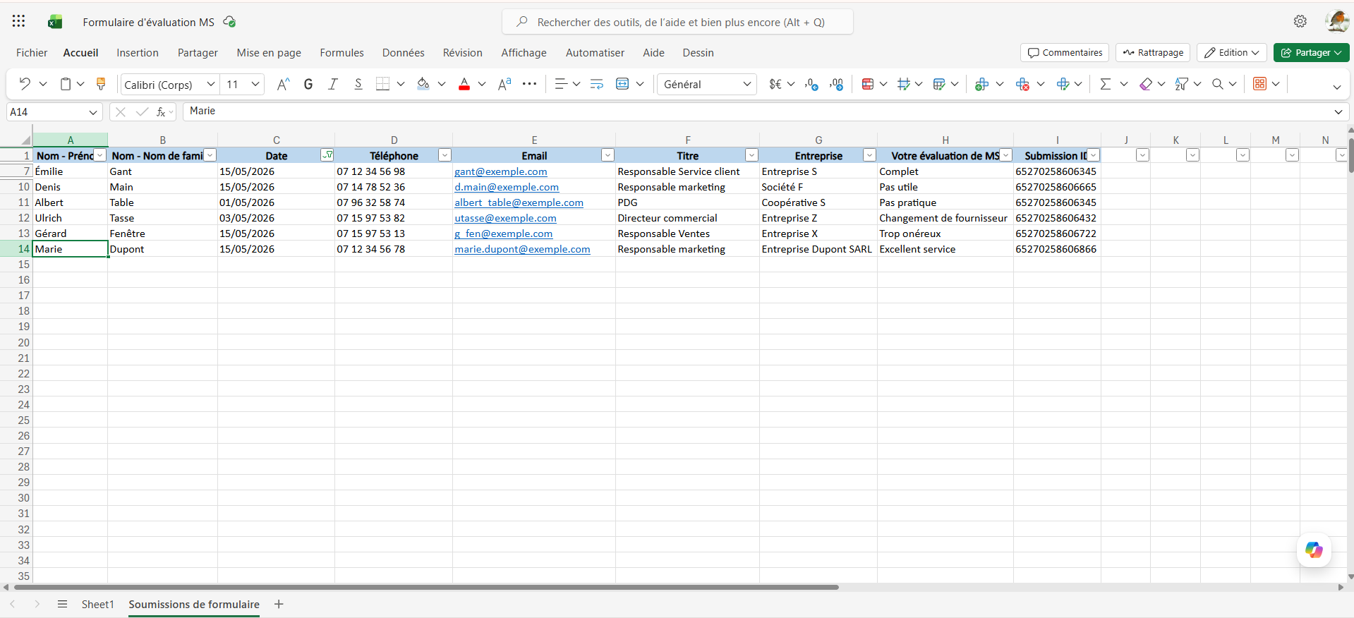 Capture d'écran d'un tableau Excel avec des soumissions précédentes filtrées par date