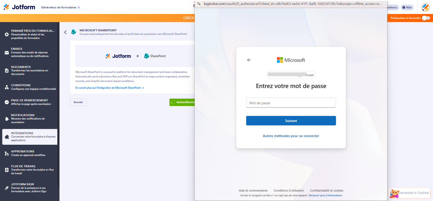 Capture d'écran de la page de l'intégration Microsoft SharePoint dans le Générateur de formulaires avec la fenêtre modale d'authentification du compte Microsoft