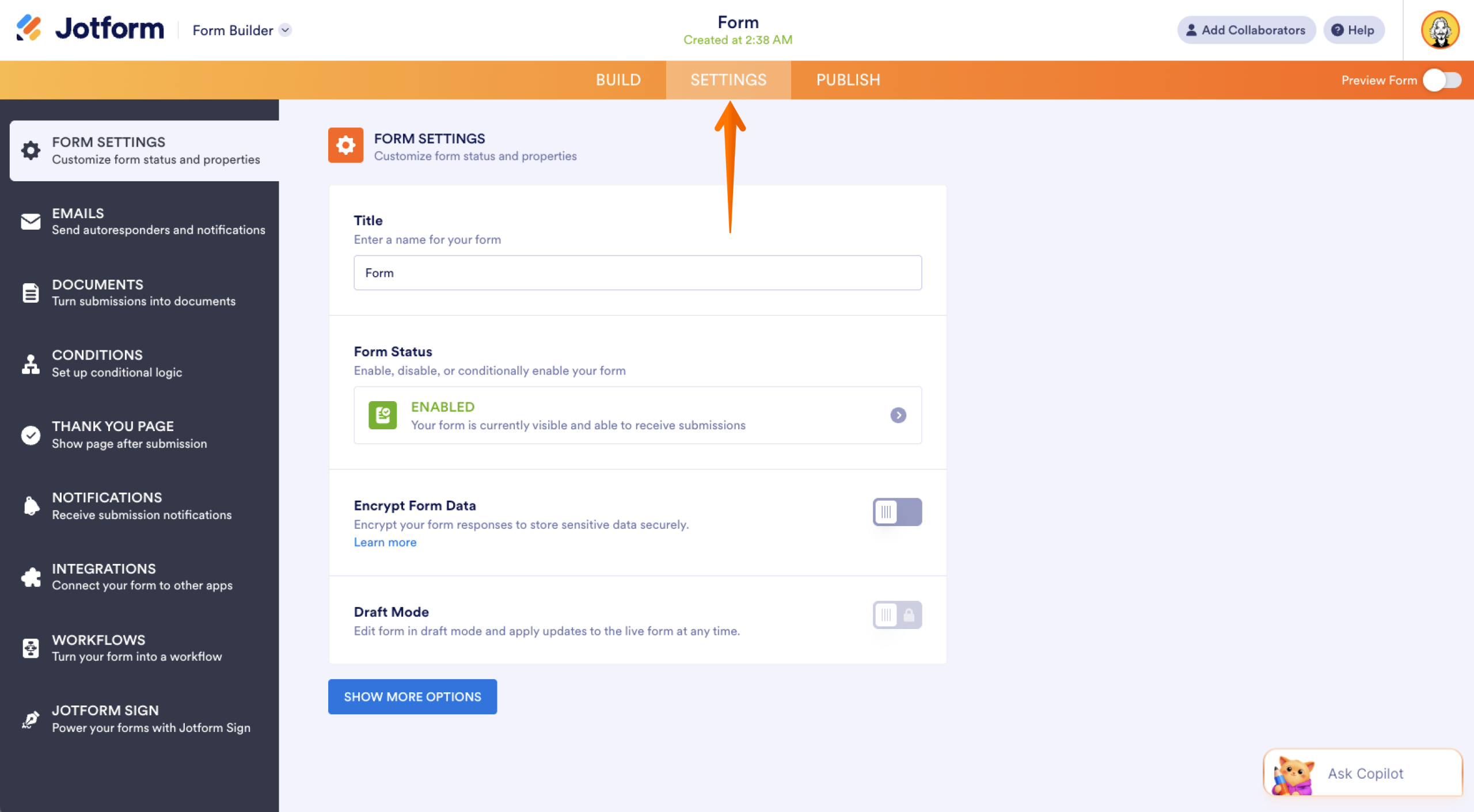 Jotform Form Builder Settings Page
