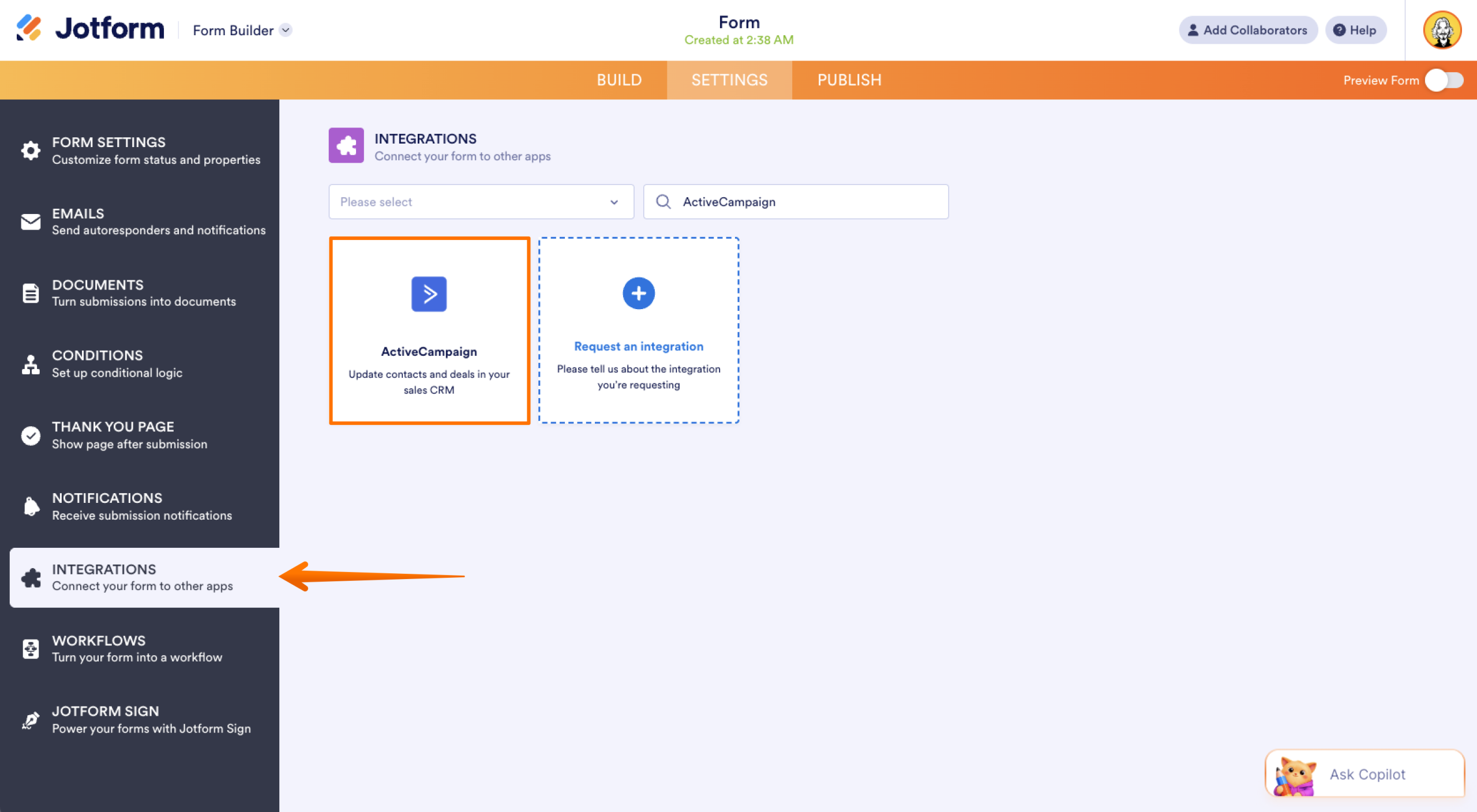 Jotofrm Form BUilder Integrations Page ActiveCampaign Search