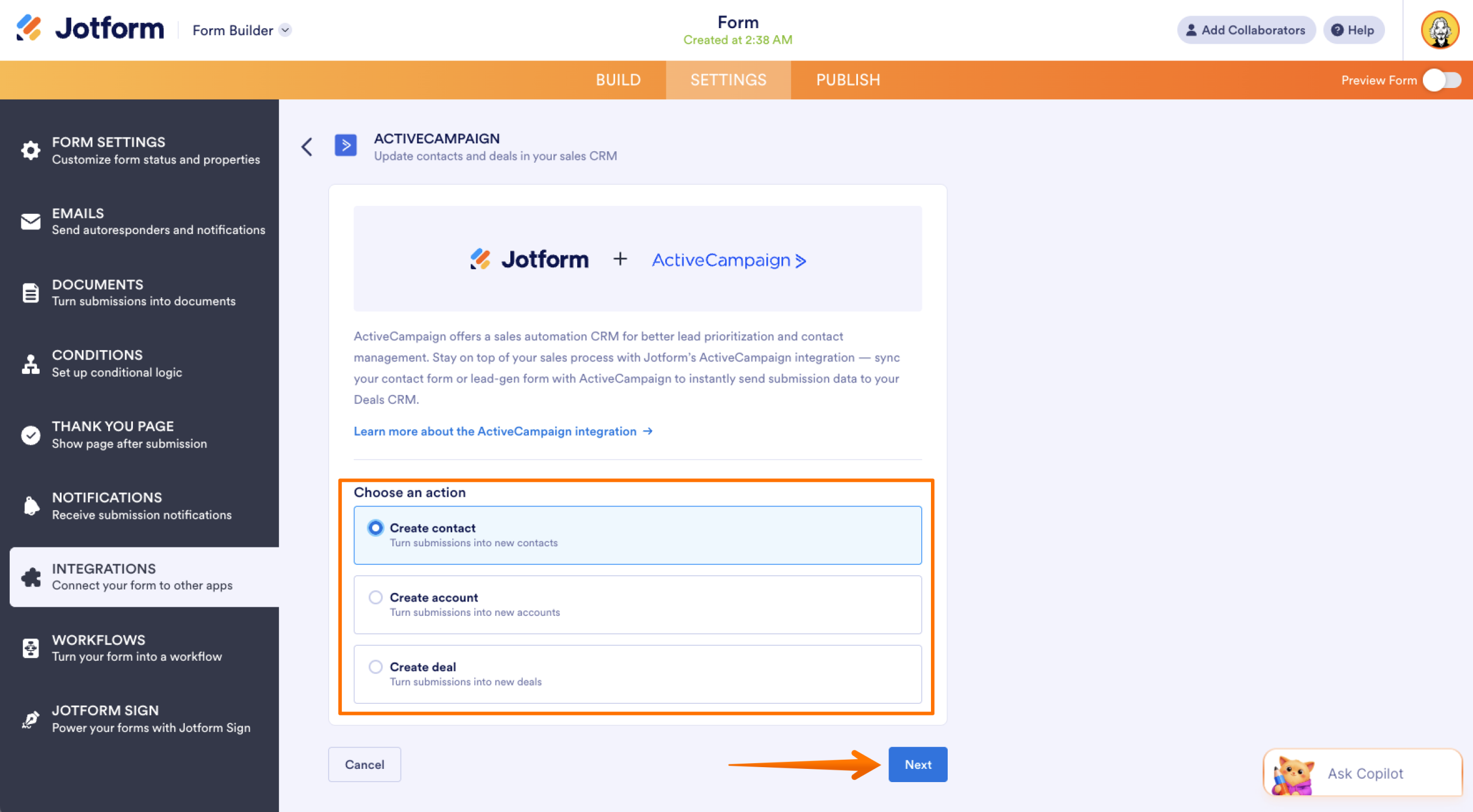 Jotform Form Builder ActiveCampaign Integration Action Selection