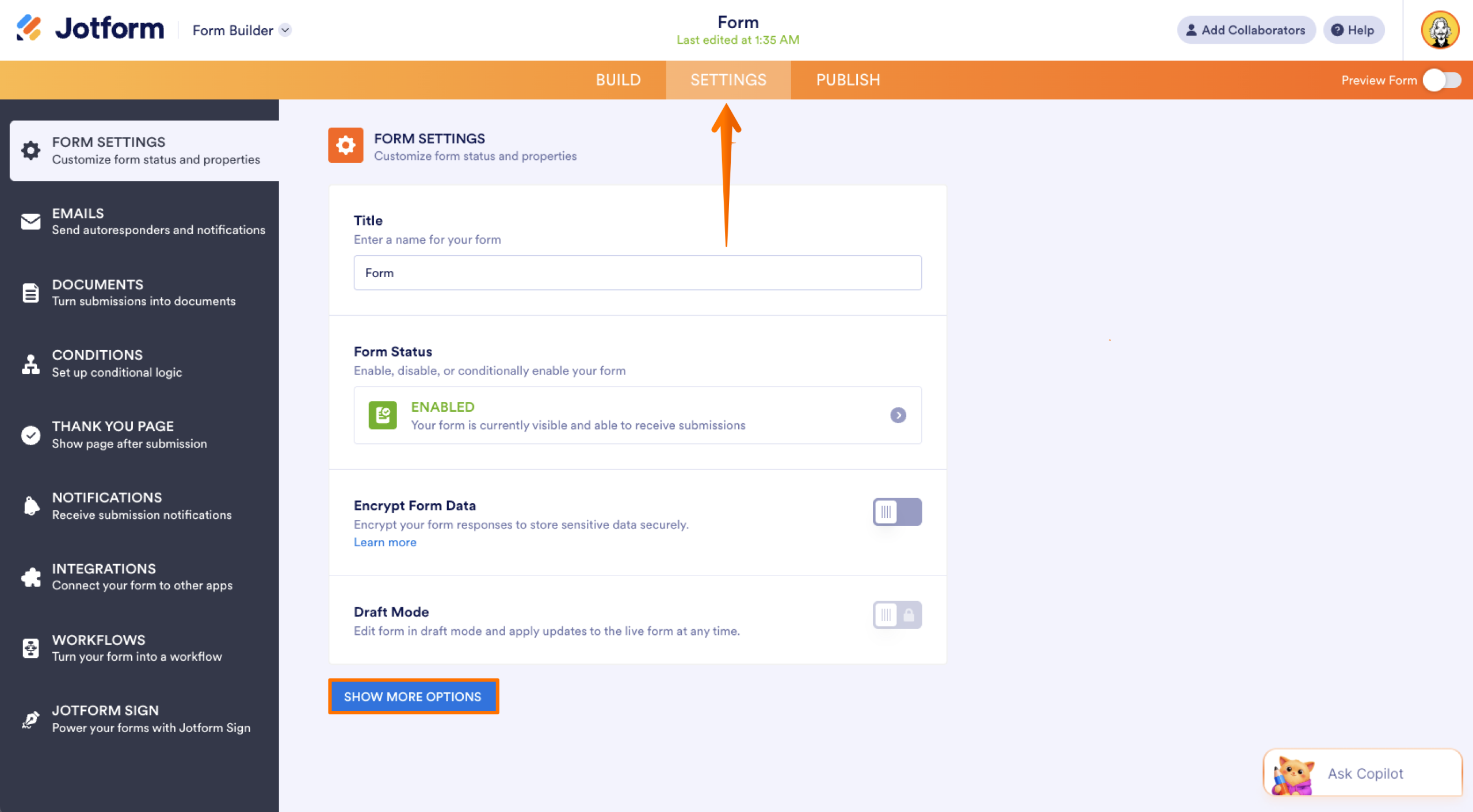 Jotform Form Builder Settings Page Form Settings Tab Show More Options Button