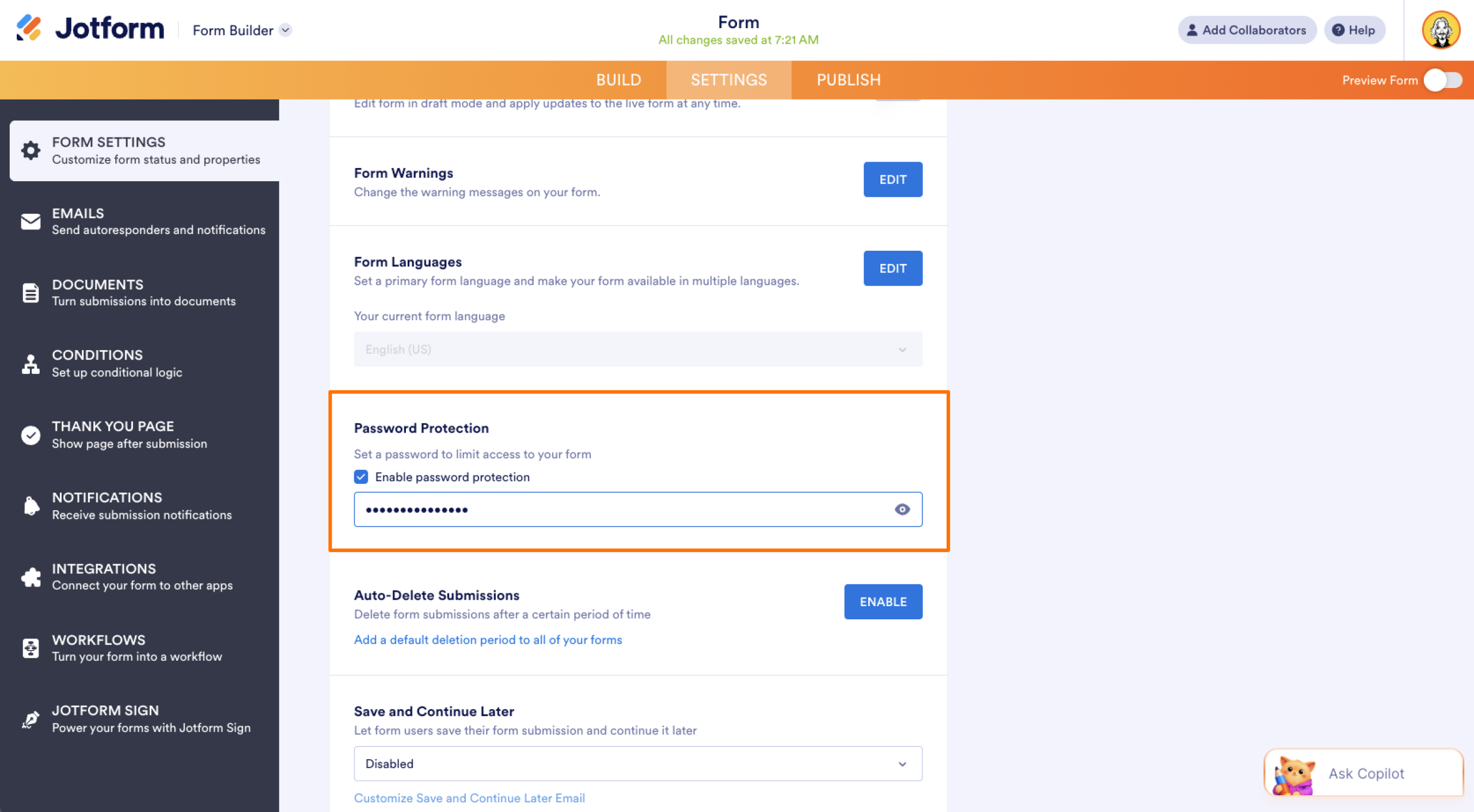 Jotform Form Builder Form Settings Password Protection Section