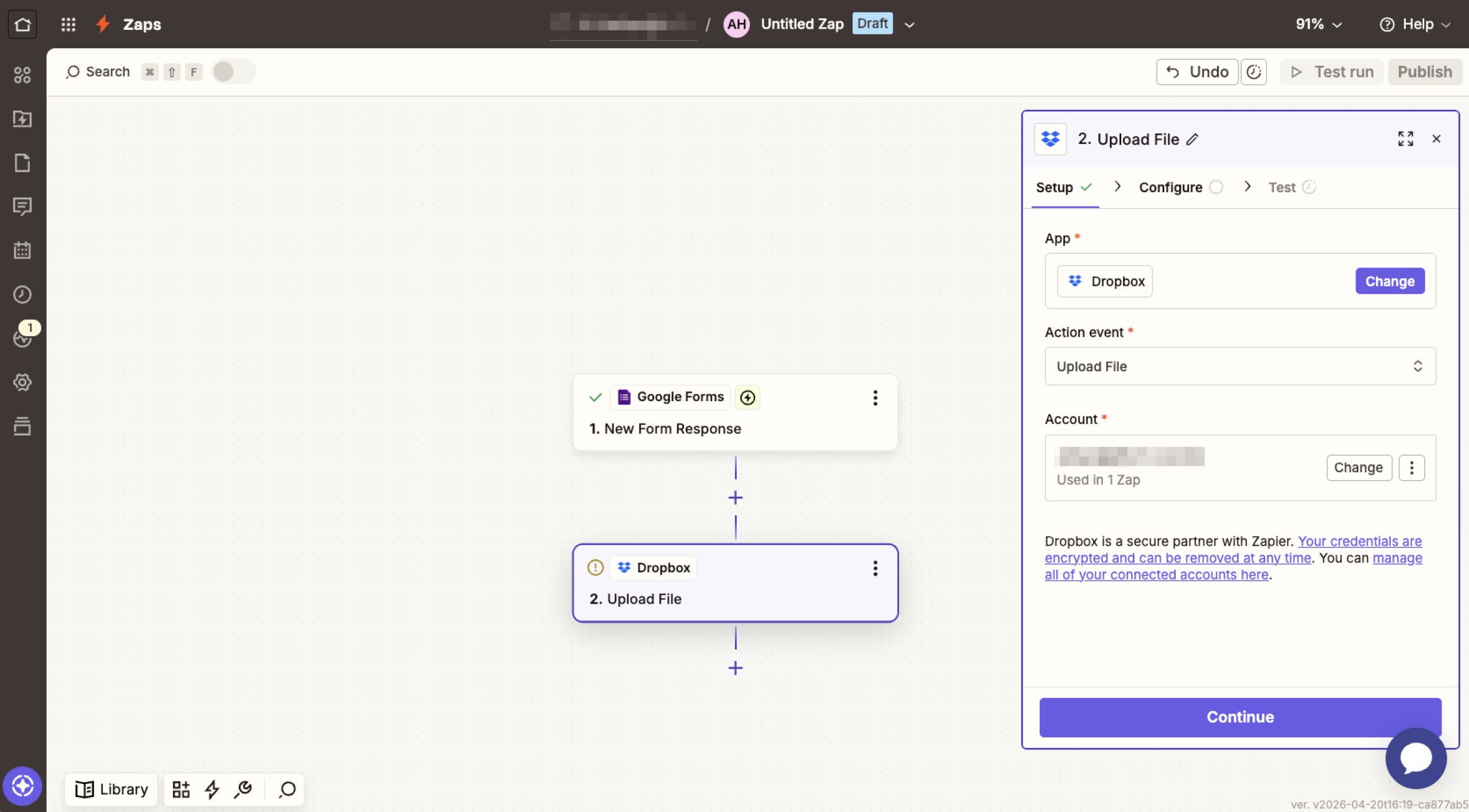 Zapier Dropbox Action Setup Menu