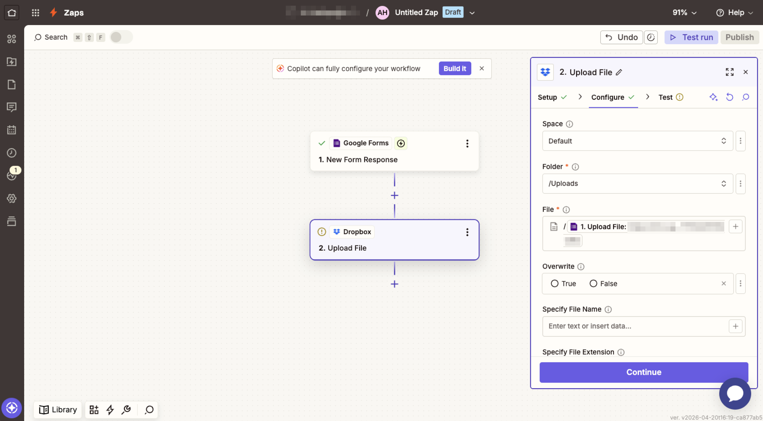 Zapier Dropbox Action Configure Menu