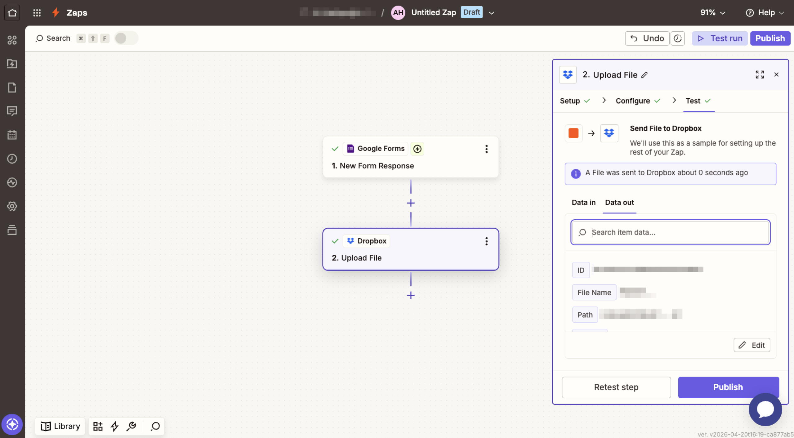 Zapier Dropbox Action Test Menu