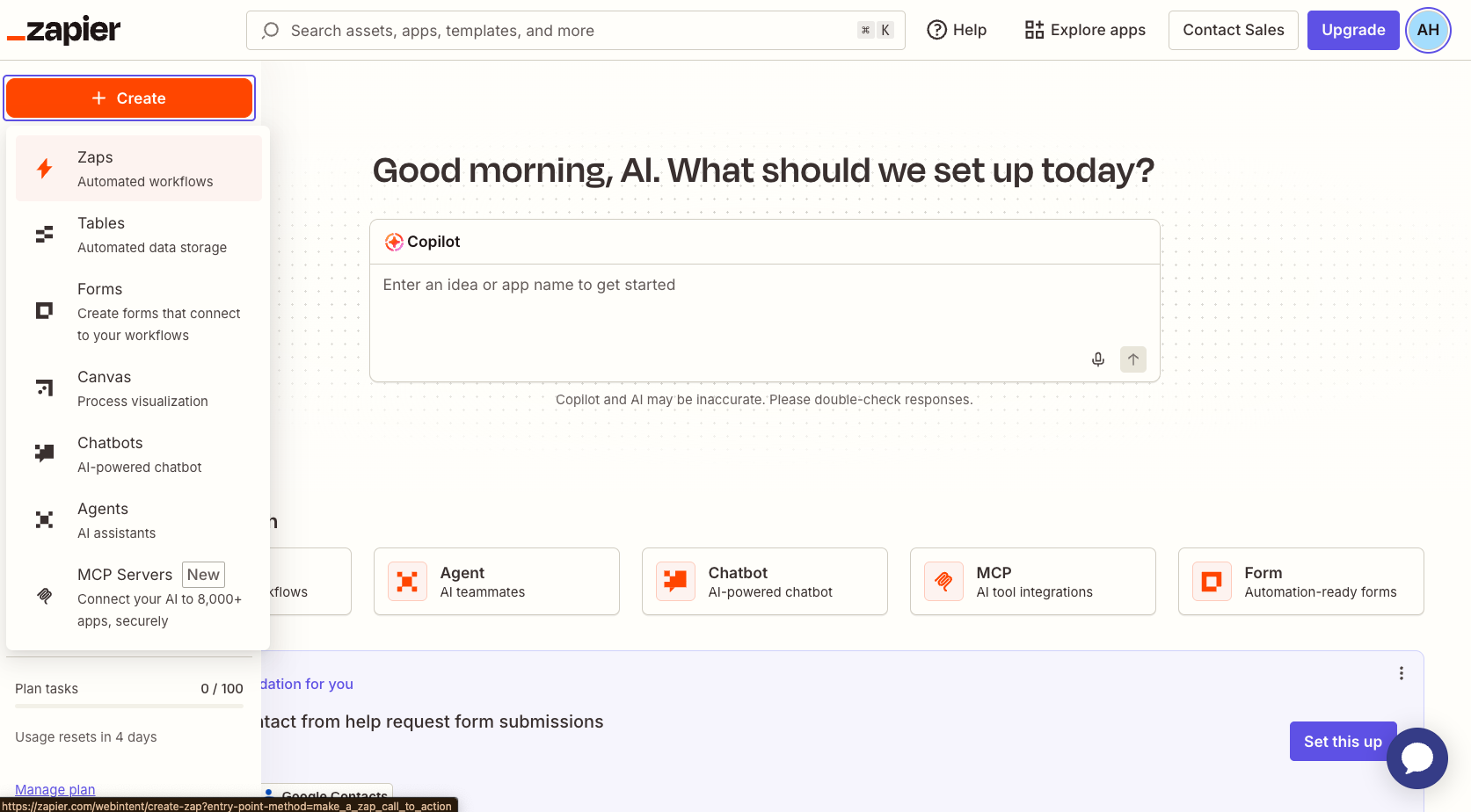 Zapier Create Menu Create a Zap Option