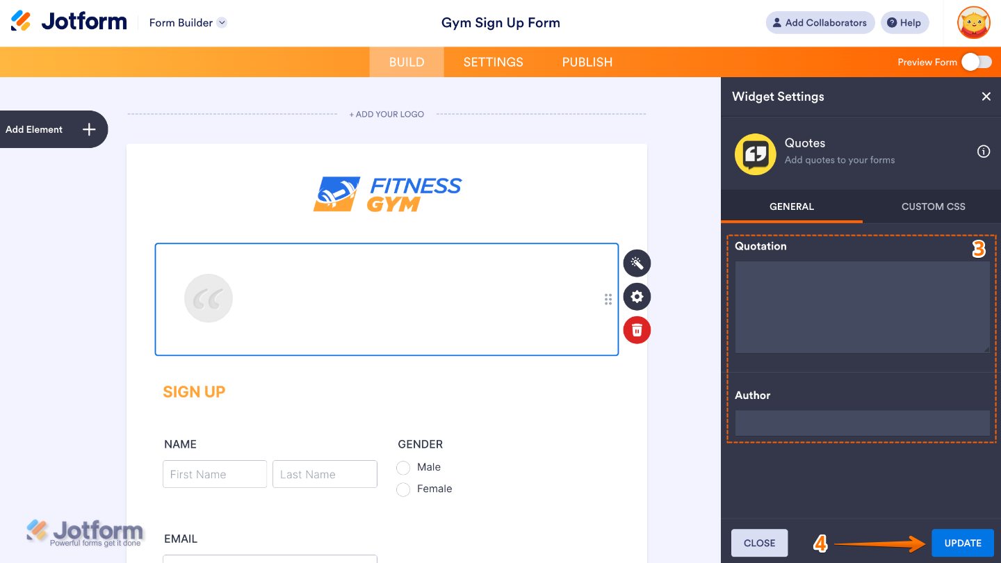 Configuring the Quotes widget in Jotform by adding a quote and specifying the author in the settings panel