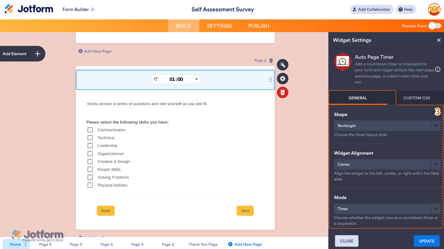 Auto Page Timer widget settings panel showing options for Shape, Widget Alignment, and Mode