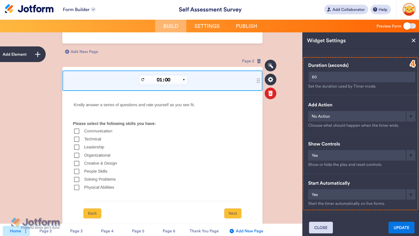 Auto Page Timer widget settings panel showing options for duration, actions on timer end, controls visibility, and auto-start