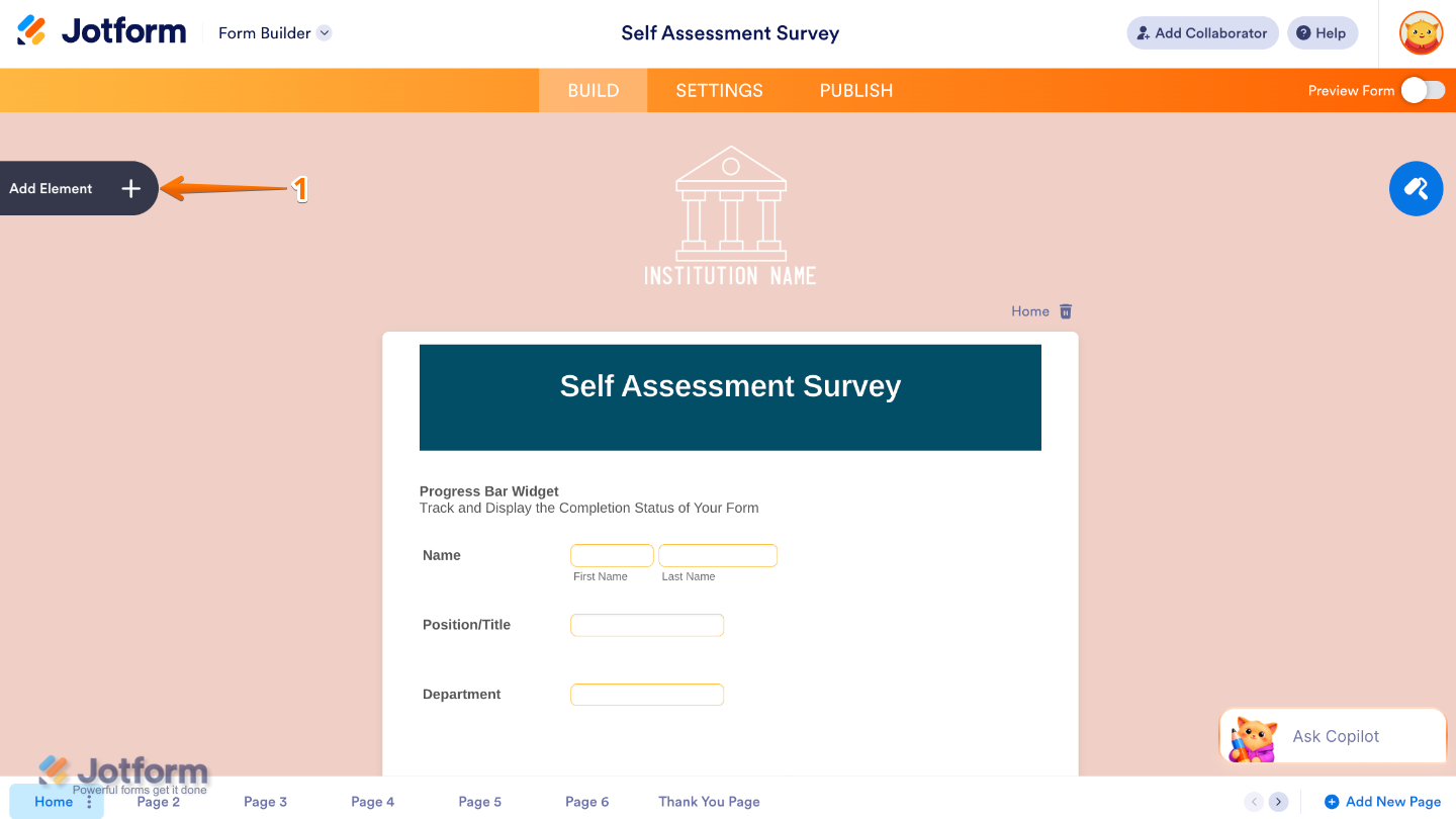 Form Builder interface highlighting the Add Element button on the left panel to add new fields and widgets