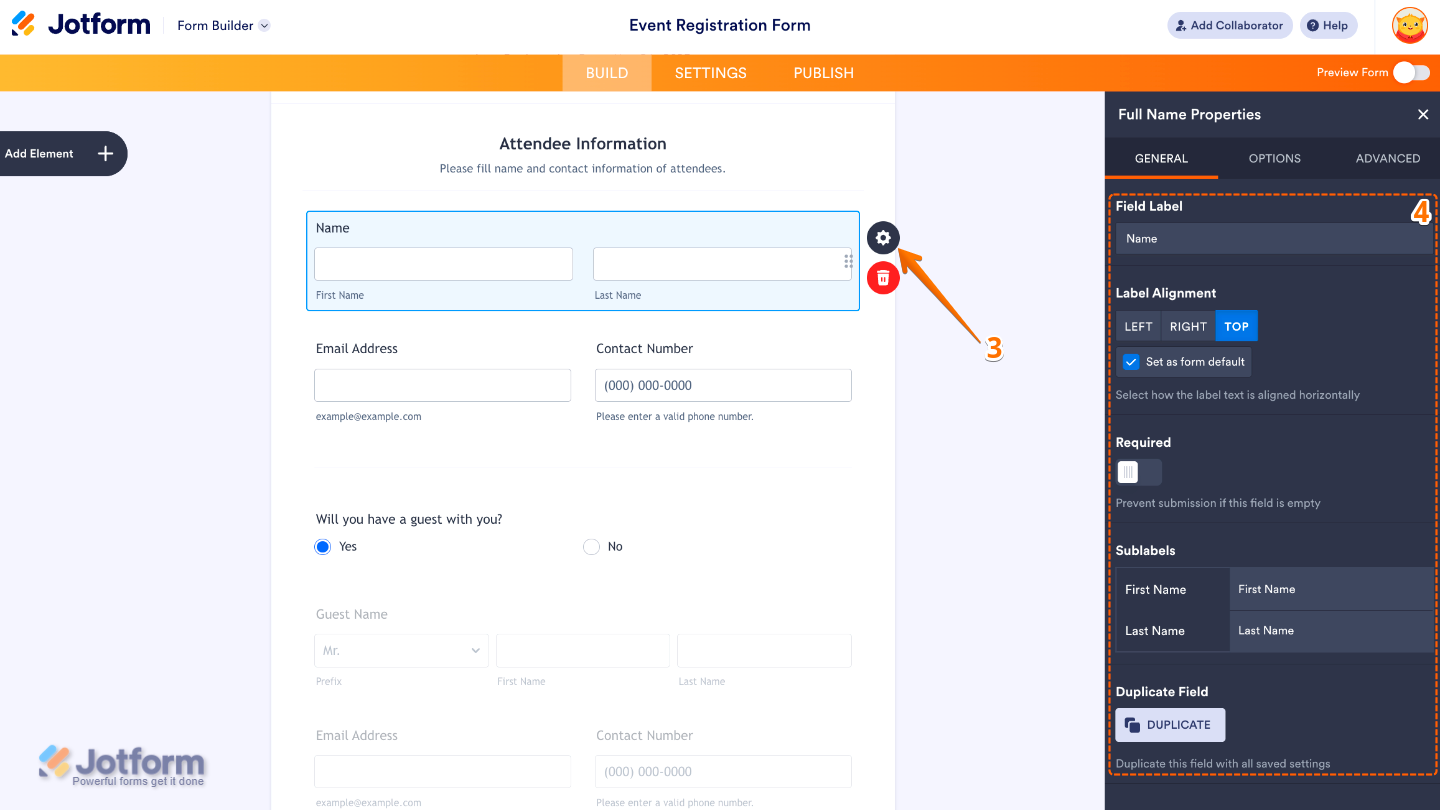 Full Name field properties panel showing settings such as field label, label alignment, required toggle, sublabels, and duplicate field option