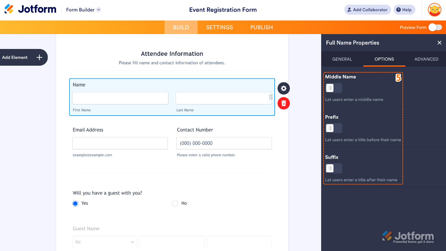 Full Name field settings showing the Options tab with toggles for middle name, prefix, and suffix fields