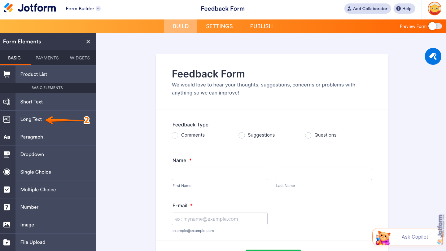 Form Elements panel under the Basic tab showing the Long Text field being selected and added to a form