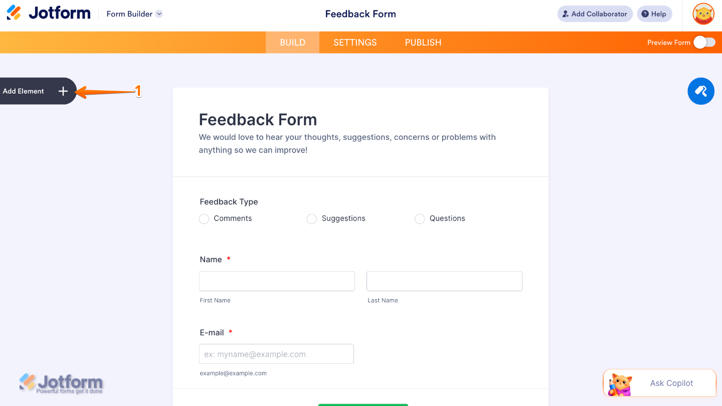 Form Builder interface highlighting the Add Element button on the left panel to add new fields and widgets