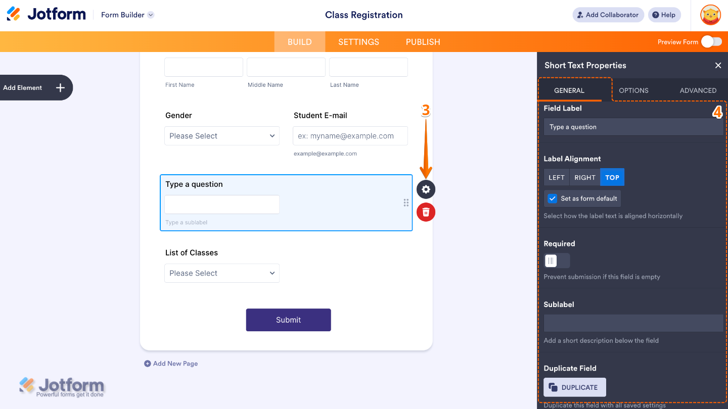 Short Text field properties panel showing settings such as field label, label alignment, required toggle, sublabels, and duplicate field option