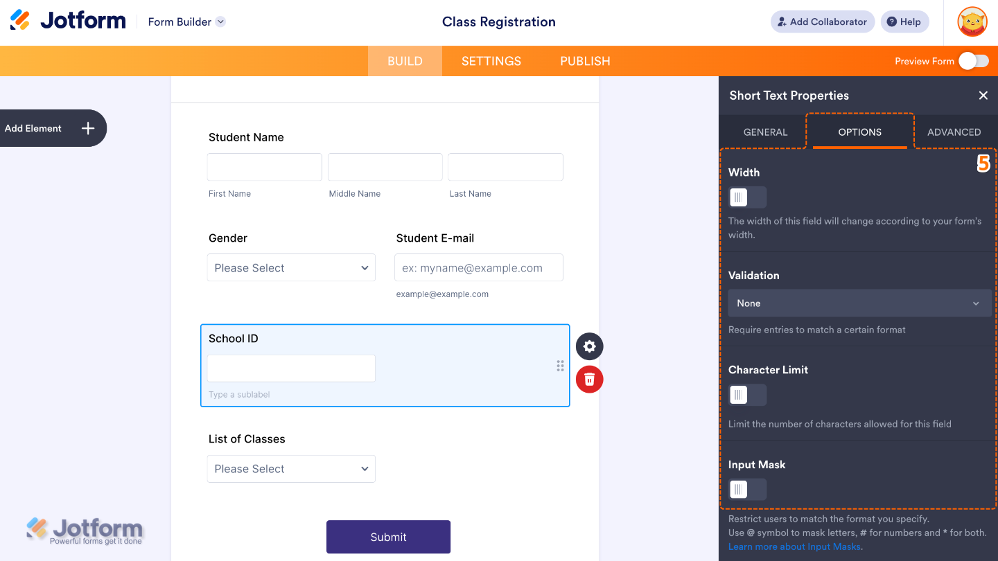 Short Text field settings showing the Options tab with width, validation, character limit, and input mask controls