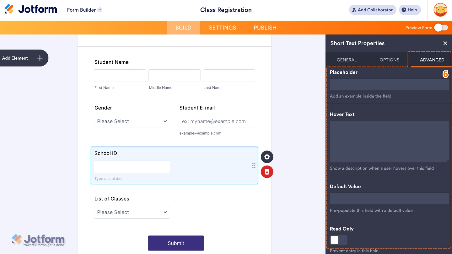 Short Text field advanced settings showing options for placeholder, hover text, default value, and read-only toggle