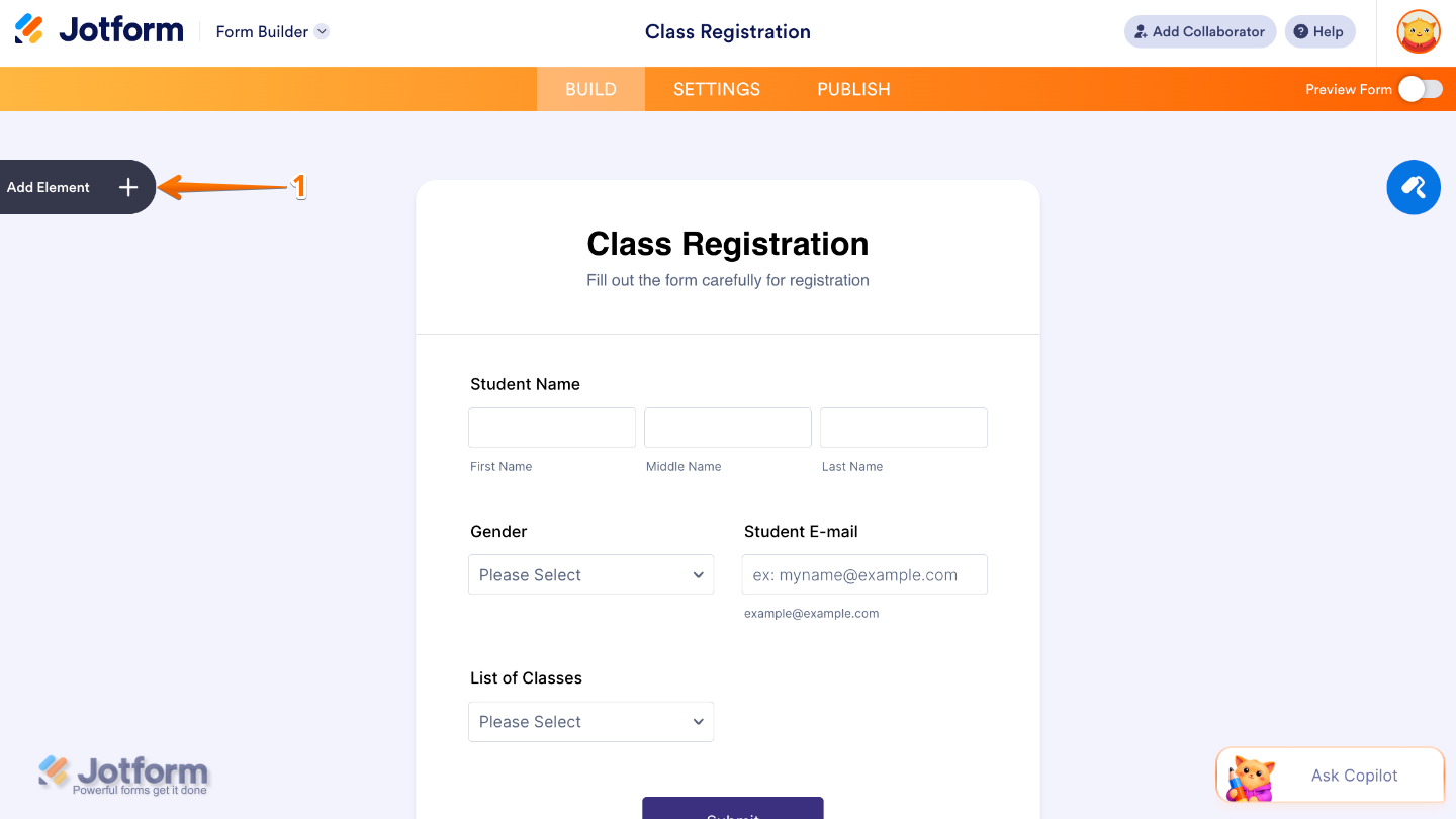 Form Builder interface highlighting the Add Element button on the left panel to add new fields and widgets
