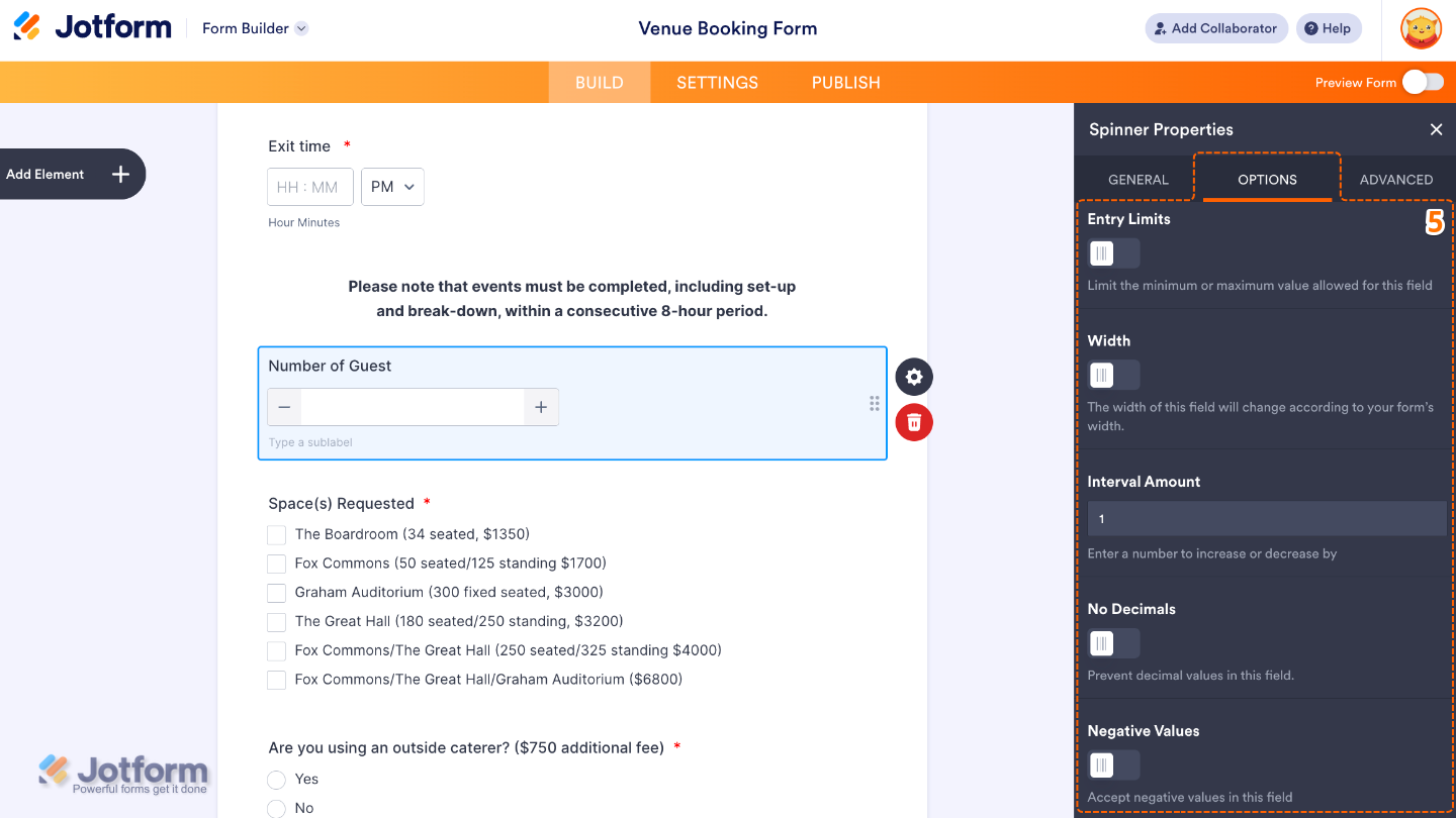 Spinner field Options tab showing settings for entry limits, width, interval amount, no decimals, and negative values