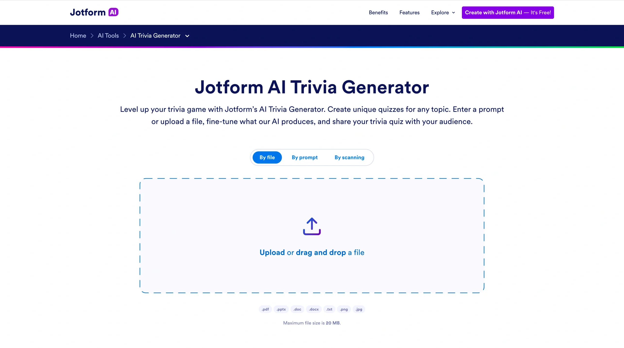 Screenshot of the Jotform AI Trivia Generator landing page