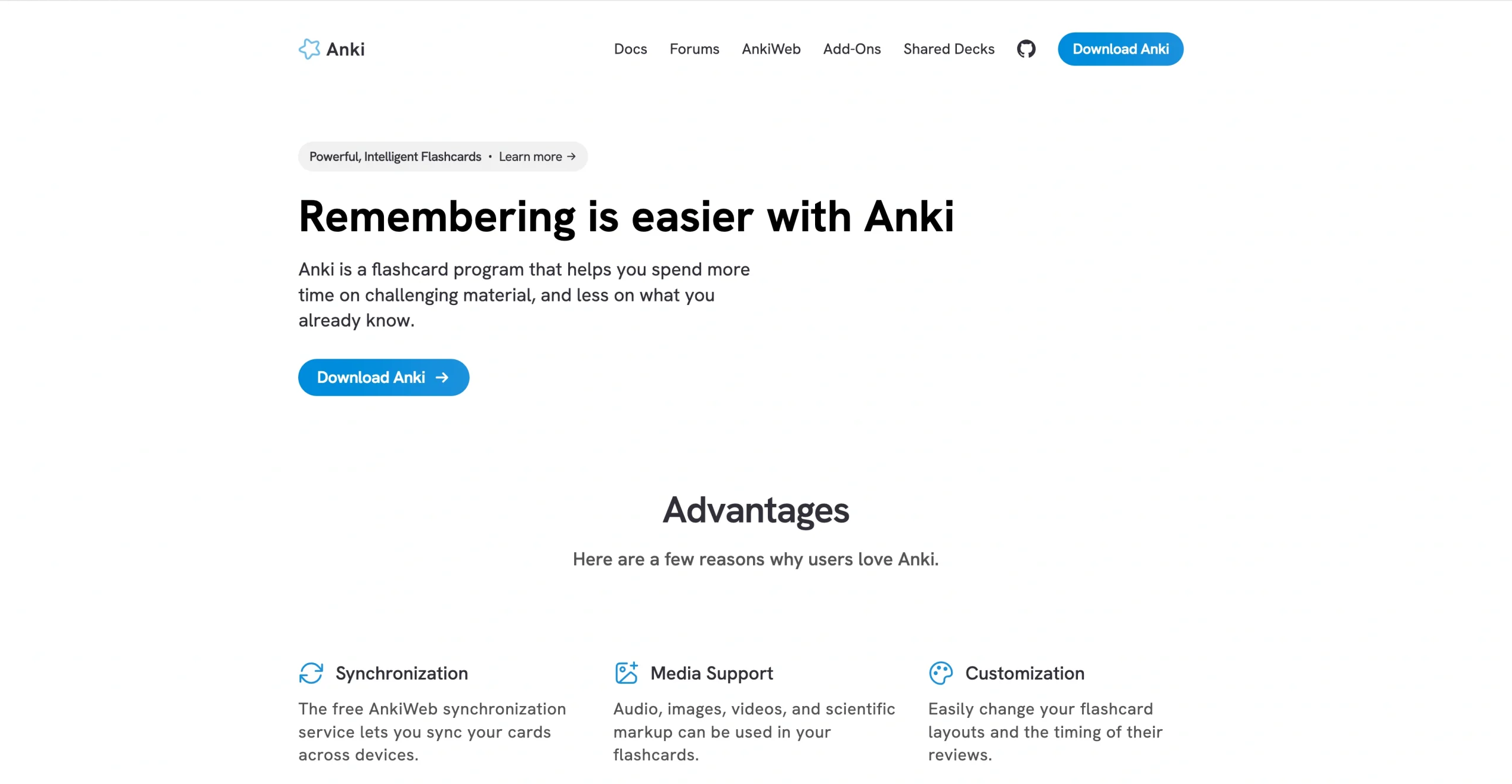 Screenshot of the Anki landing page, showing a headline "Remembering is easier with Anki"