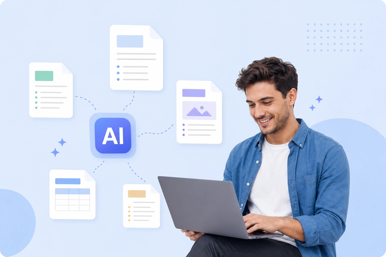 A man in a blue shirt uses a laptop beside floating document icons connected to an AI symbol on a light blue background.