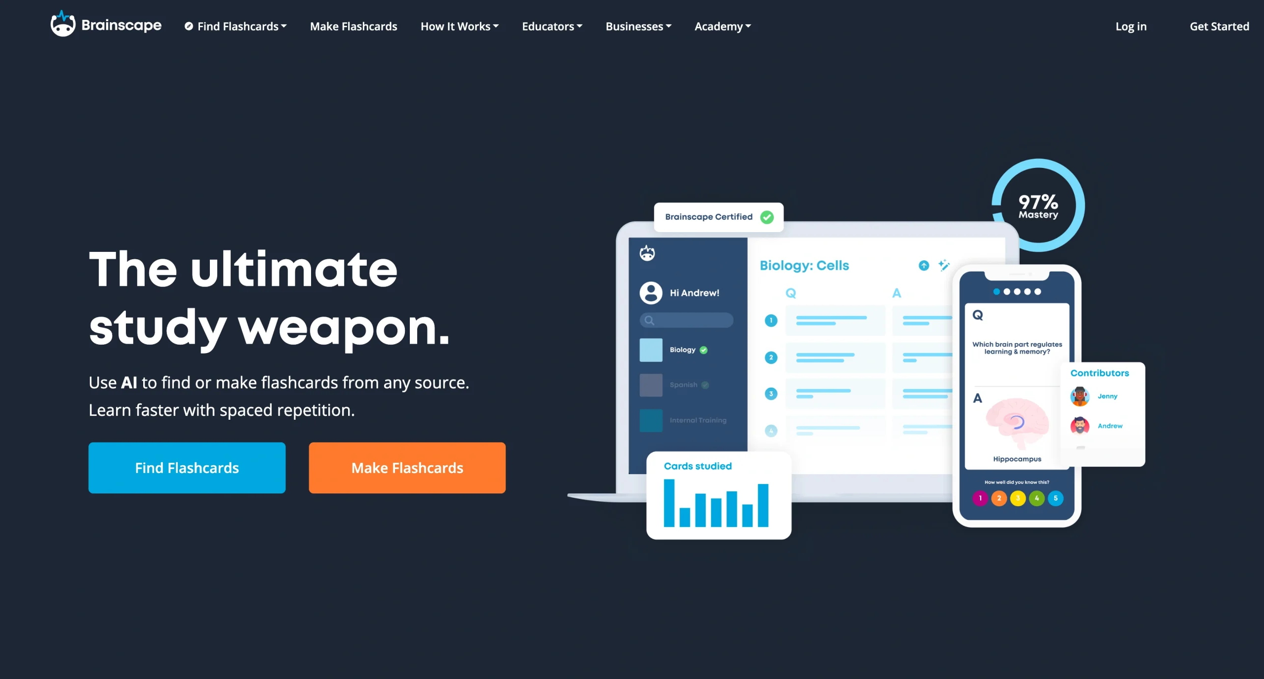 Screenshot of the Brainscape landing page, showing a headline "The ultimate study weapon