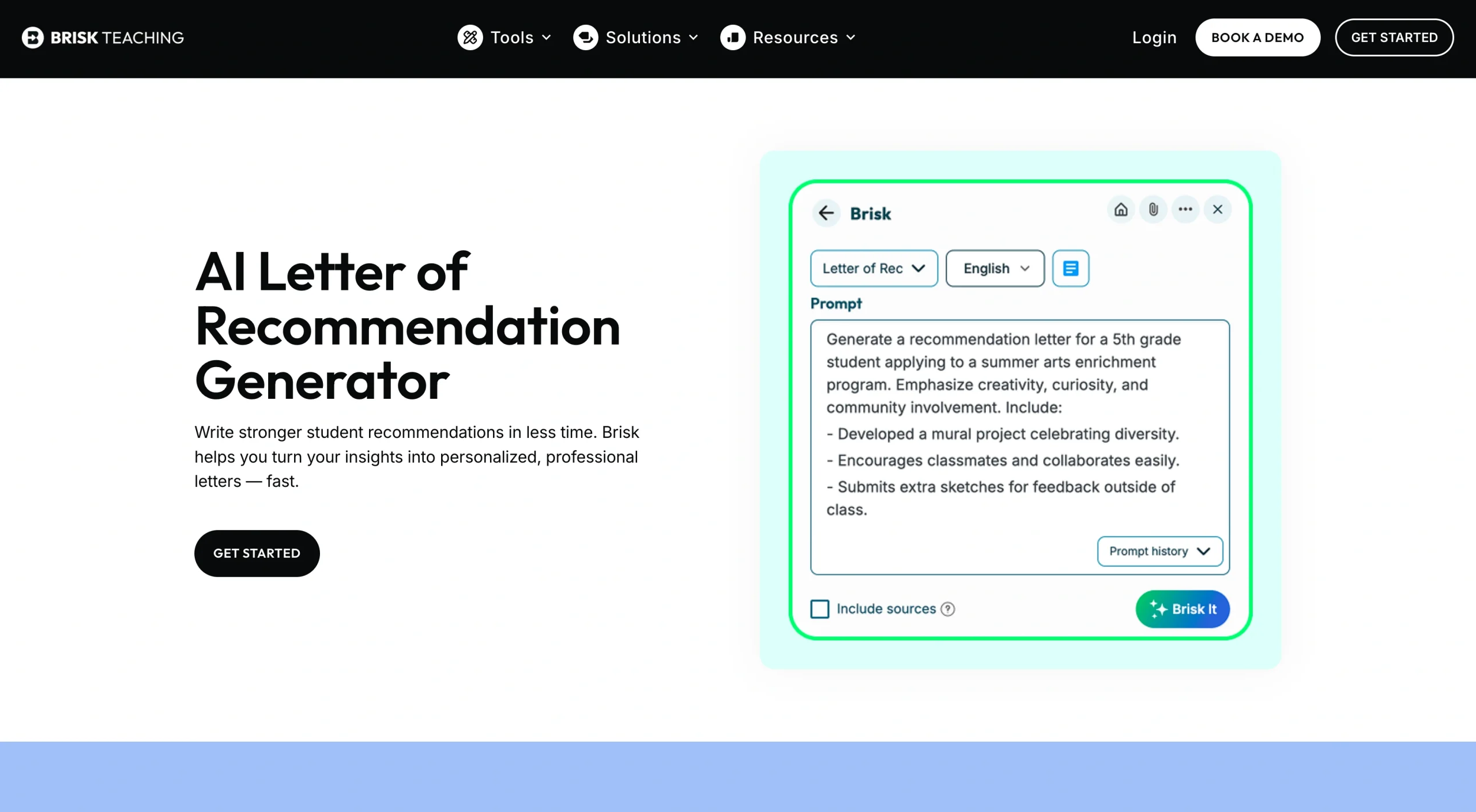 Screenshot of the Brisk Teaching AI Letter of Recommendation Generator landing page