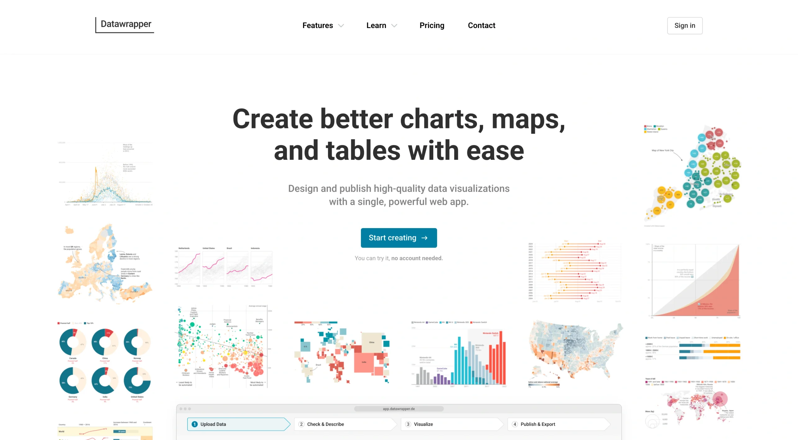 Screenshot of the Datawrapper landing page, showing a headline "Create better charts, maps, and tables with ease"