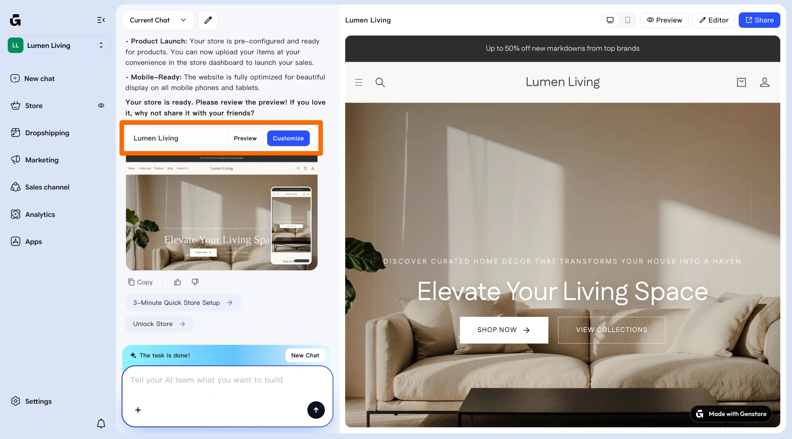 Screenshot of Genstore store preview interface showing a storefront mockup with Preview and Customize buttons