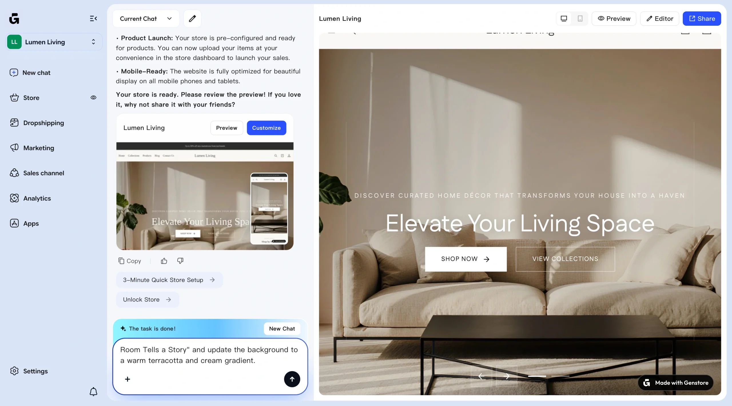 Screenshot of Genstore AI editor with a prompt input field used to request design changes, including updating the hero headline and background style