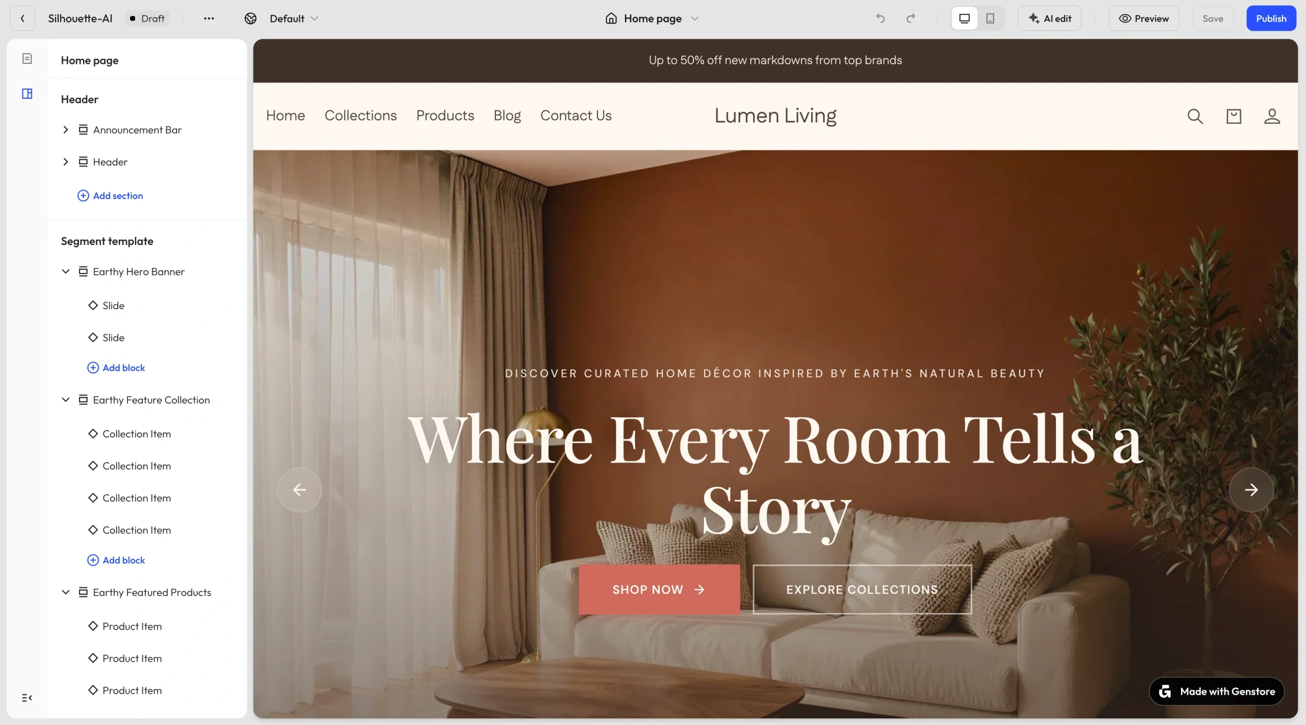 Screenshot of an AI-powered website editor displaying a home decor store homepage with a hero banner, navigation menu, and editable sections in the sidebar