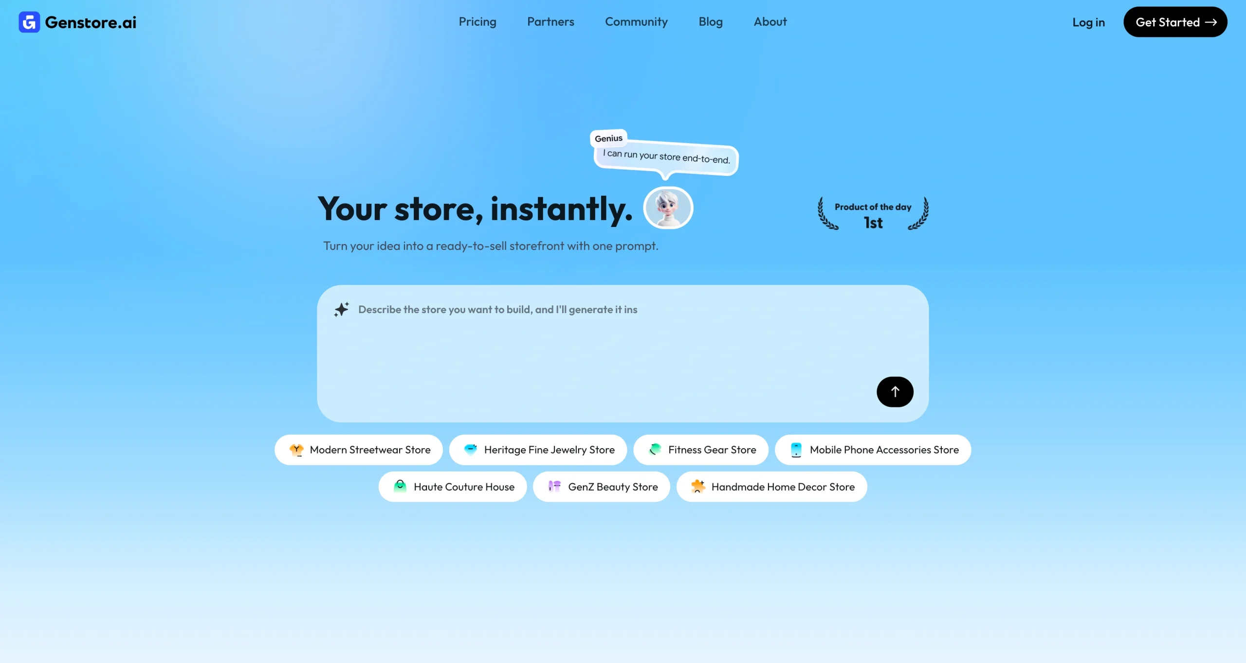 Screenshot of Genstore landing page, showing a headline "Your store, instantly