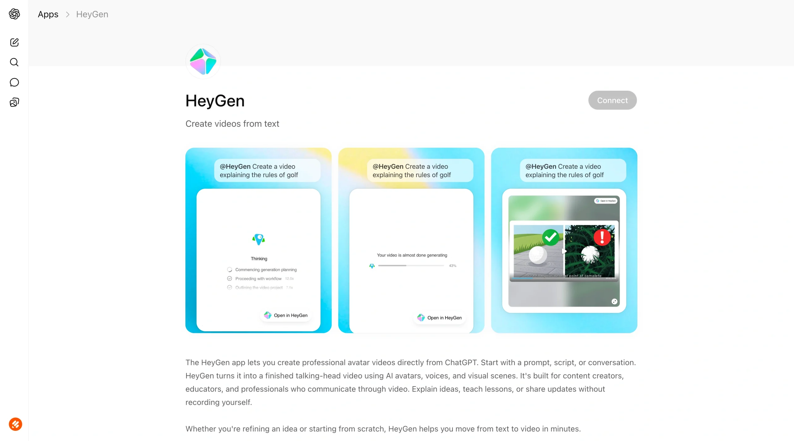 Screenshot of the HeyGen ChatGPT App page