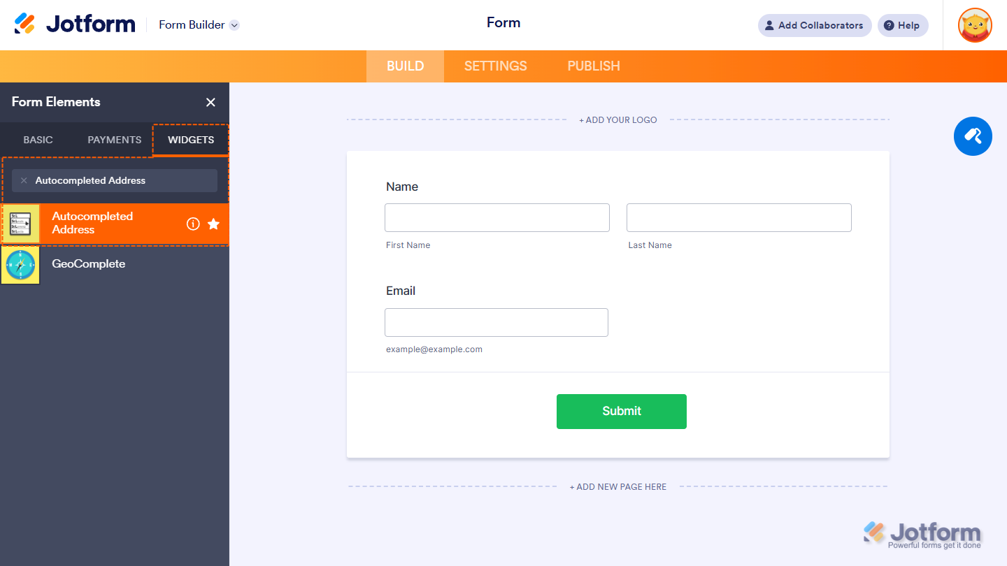 Autocompleted Address in the Widgets tab of the Jotform Form Builder