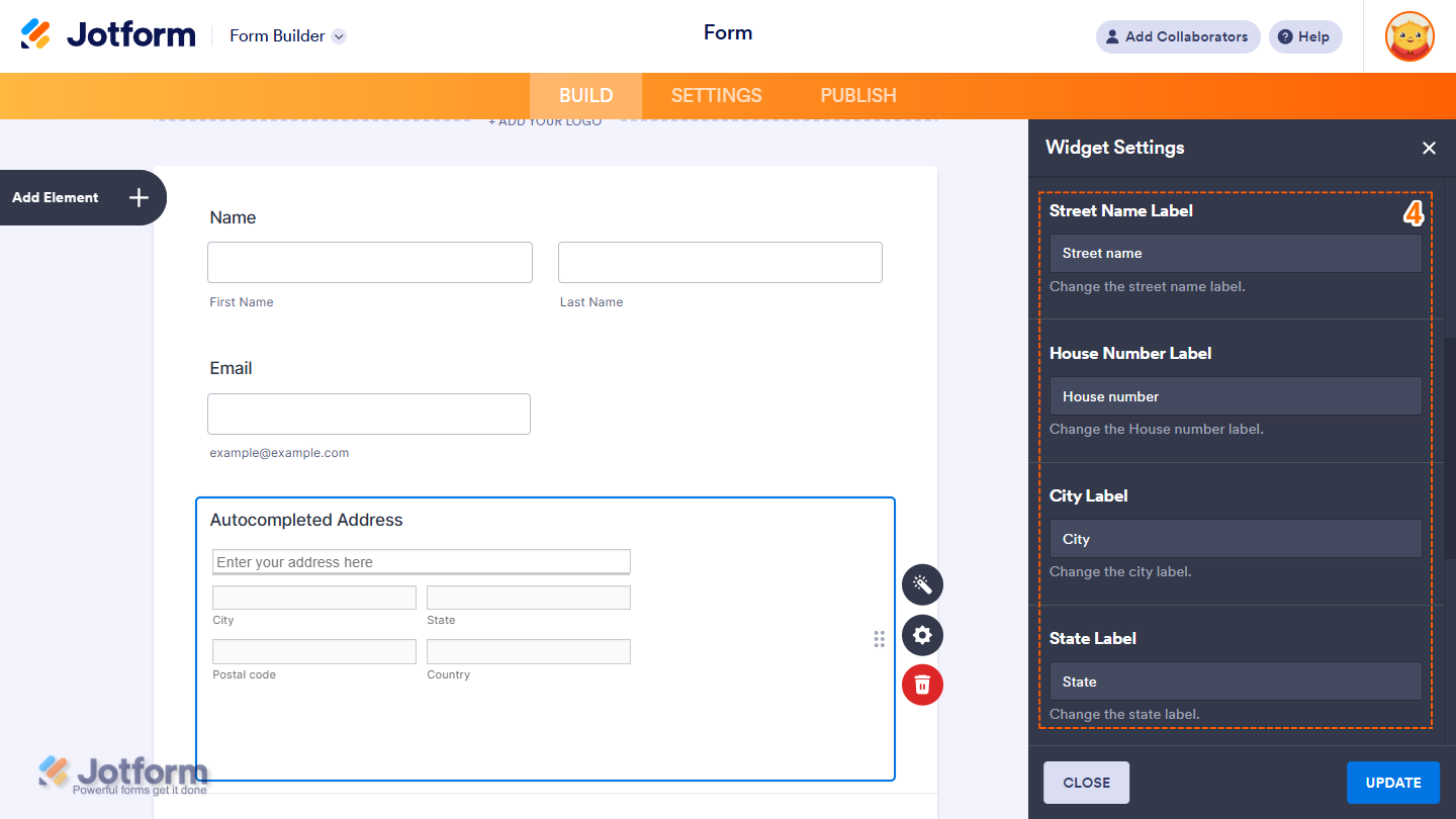 Labels section of the Autocompleted Address widget settings