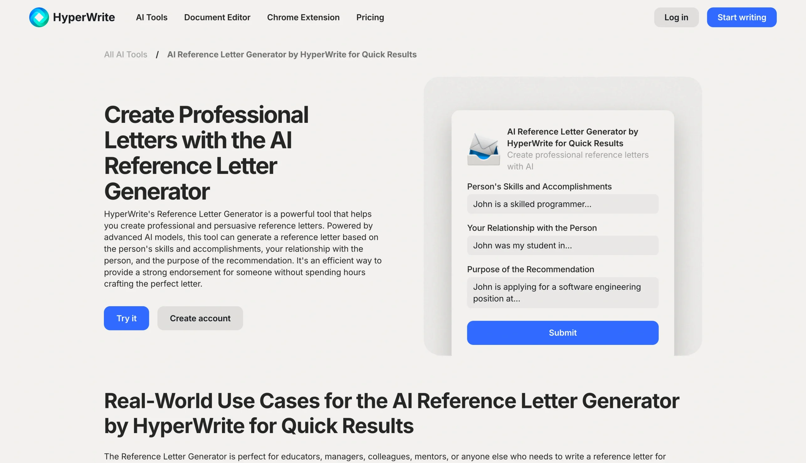 Screenshot of the HyperWrite AI Reference Letter Generator landing page