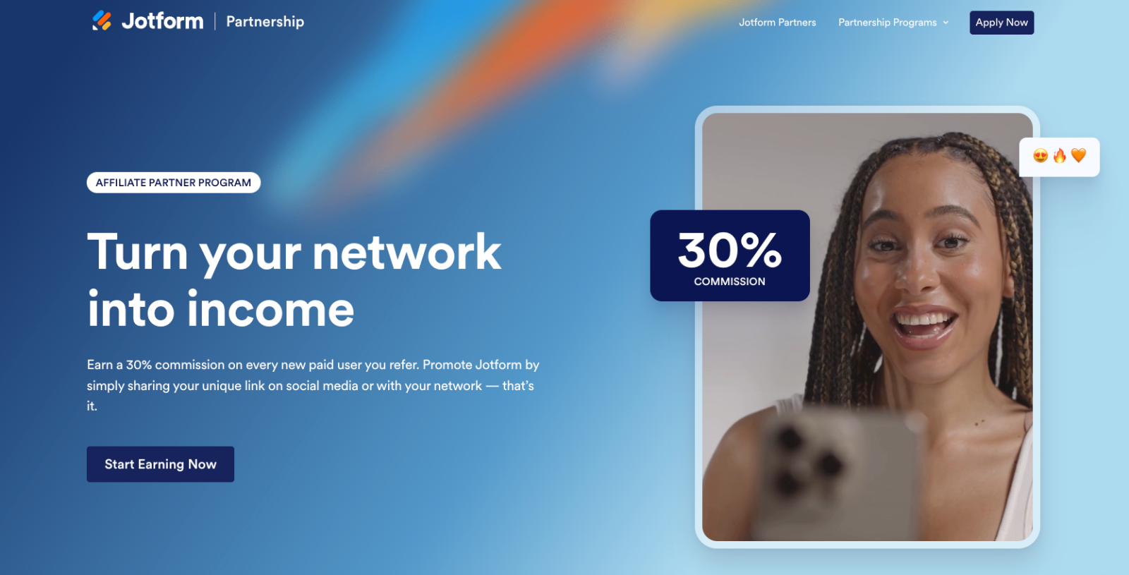 Jotform Affiliate Program website with the words: "Turn your network into income"