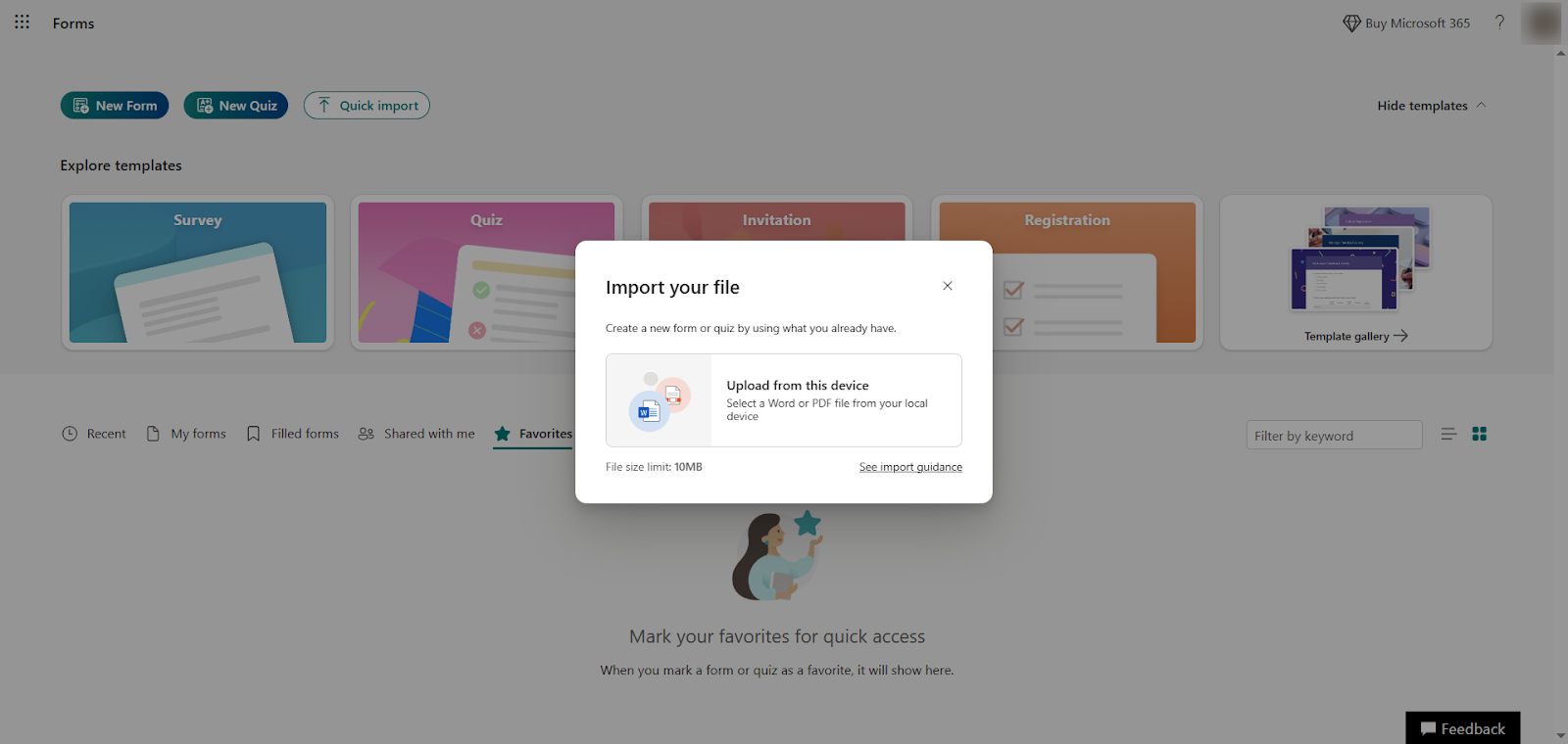 Microsoft Forms Import Pop-up