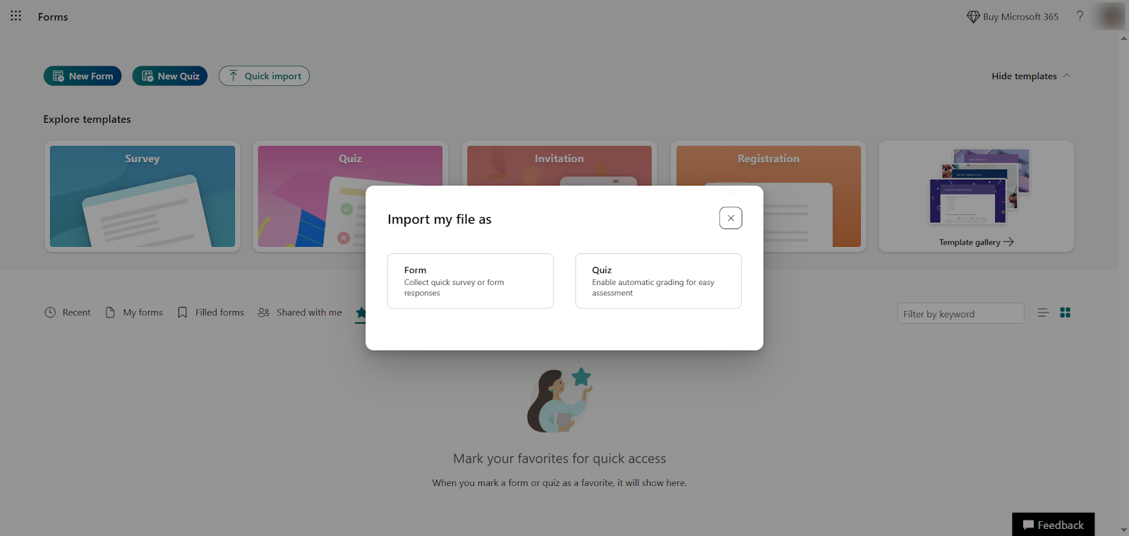 Microsoft Forms "Import my file as" options