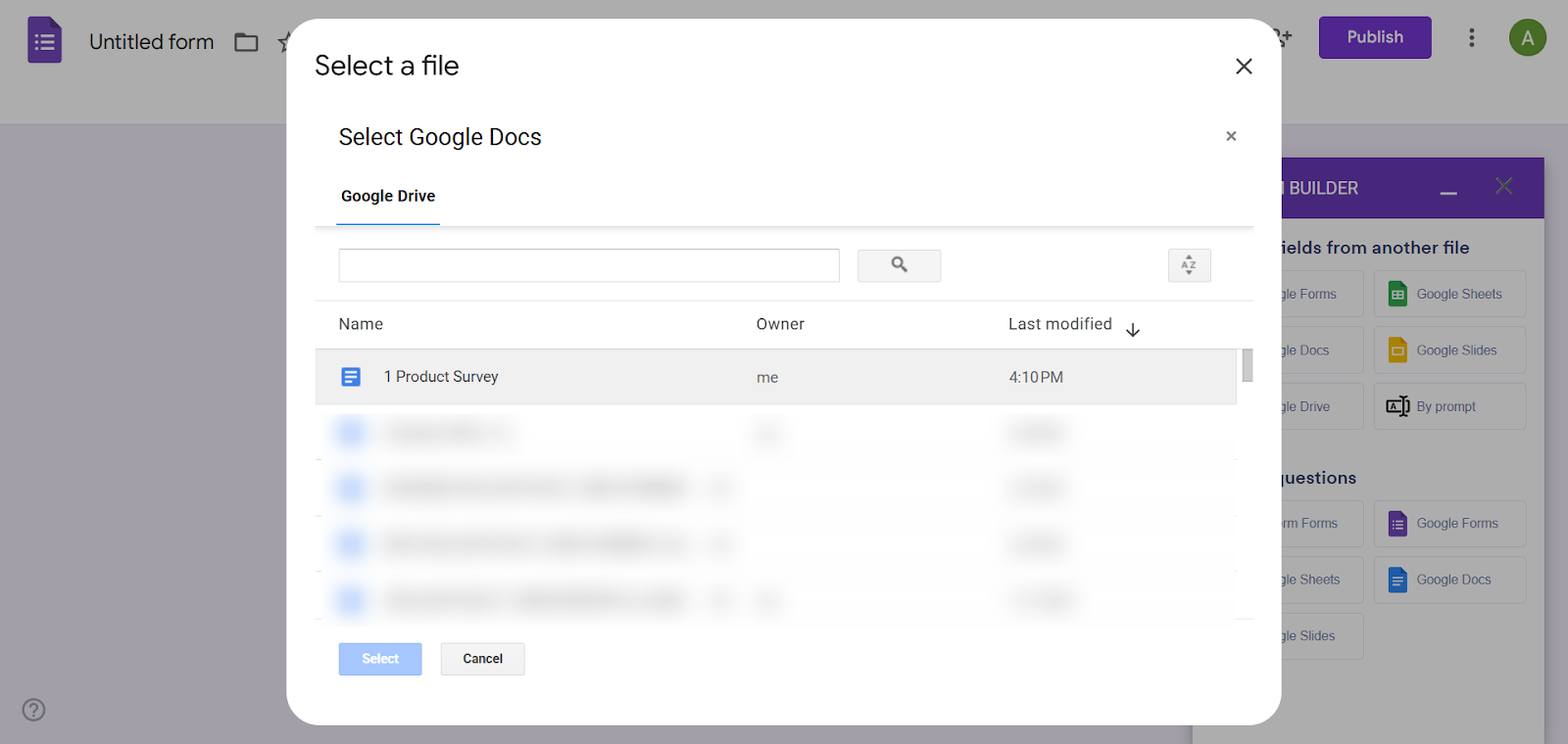 AI Form Builder Select a file menu