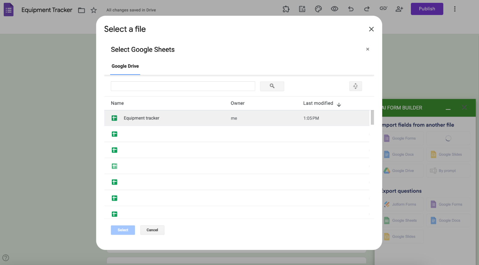 Google Forms interface showing the "Select a file" screen