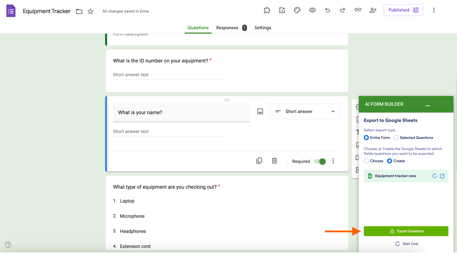 Google Forms interface with an arrow pointing to Export Questions in the AI Form Builder sidebar