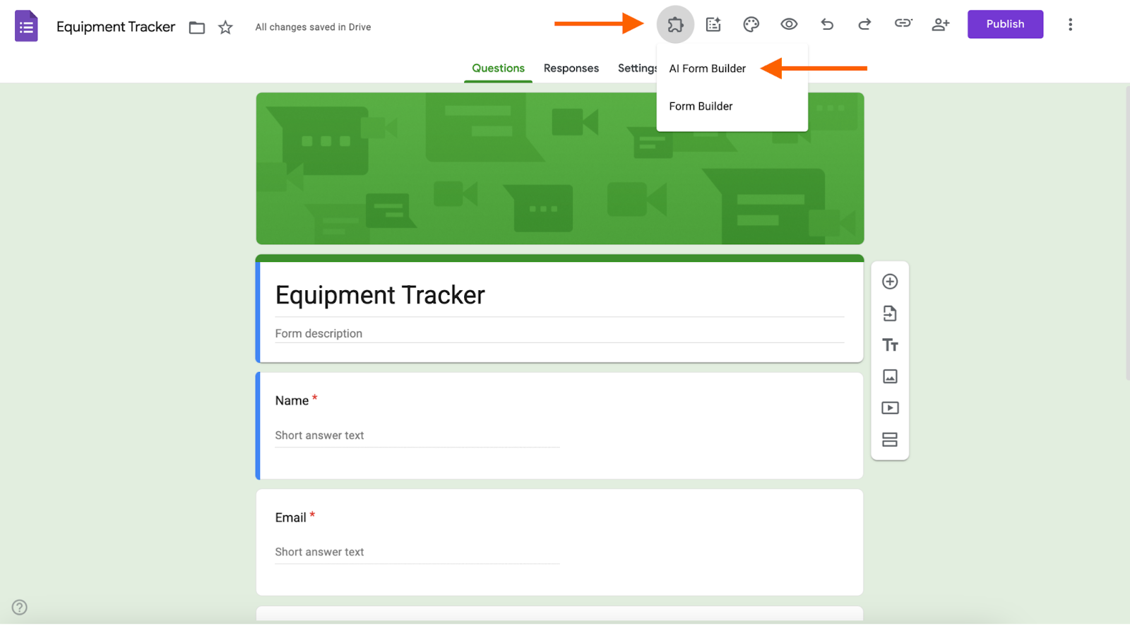 Google Forms interface with arrows pointing to the Add-ons and AI Form Builder options in the top menu