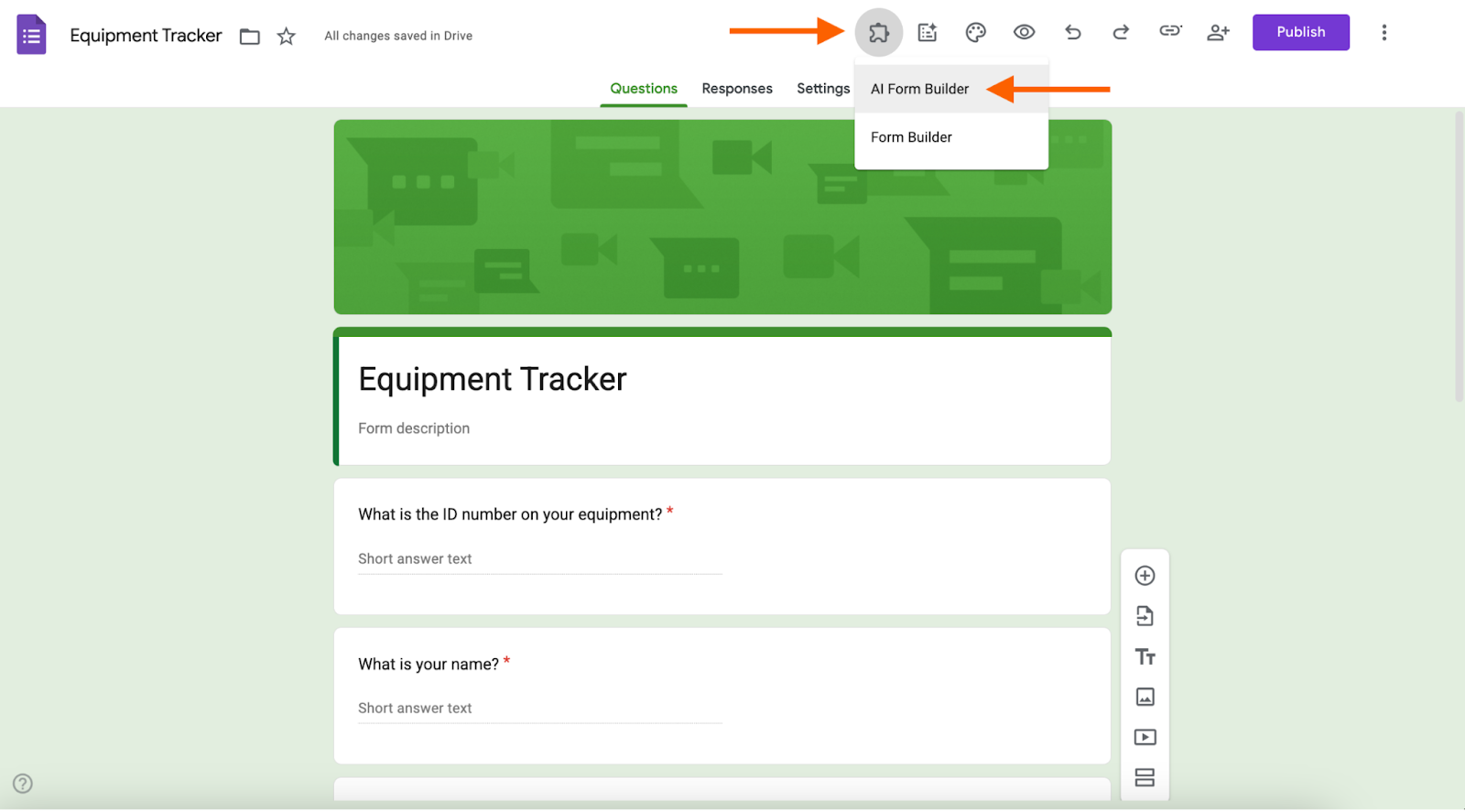 Google Forms interface with arrows pointing to the Add-ons and AI Form Builder options in the top menu