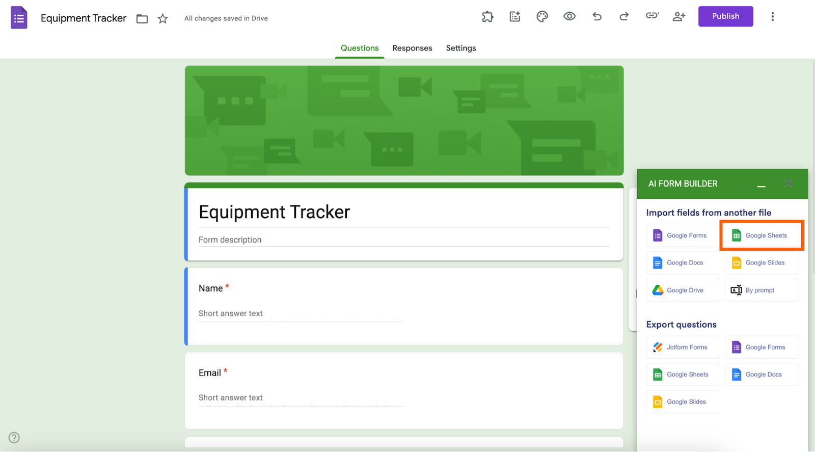 Google Forms interface with Google Sheets highlighted in the AI Form Builder sidebar